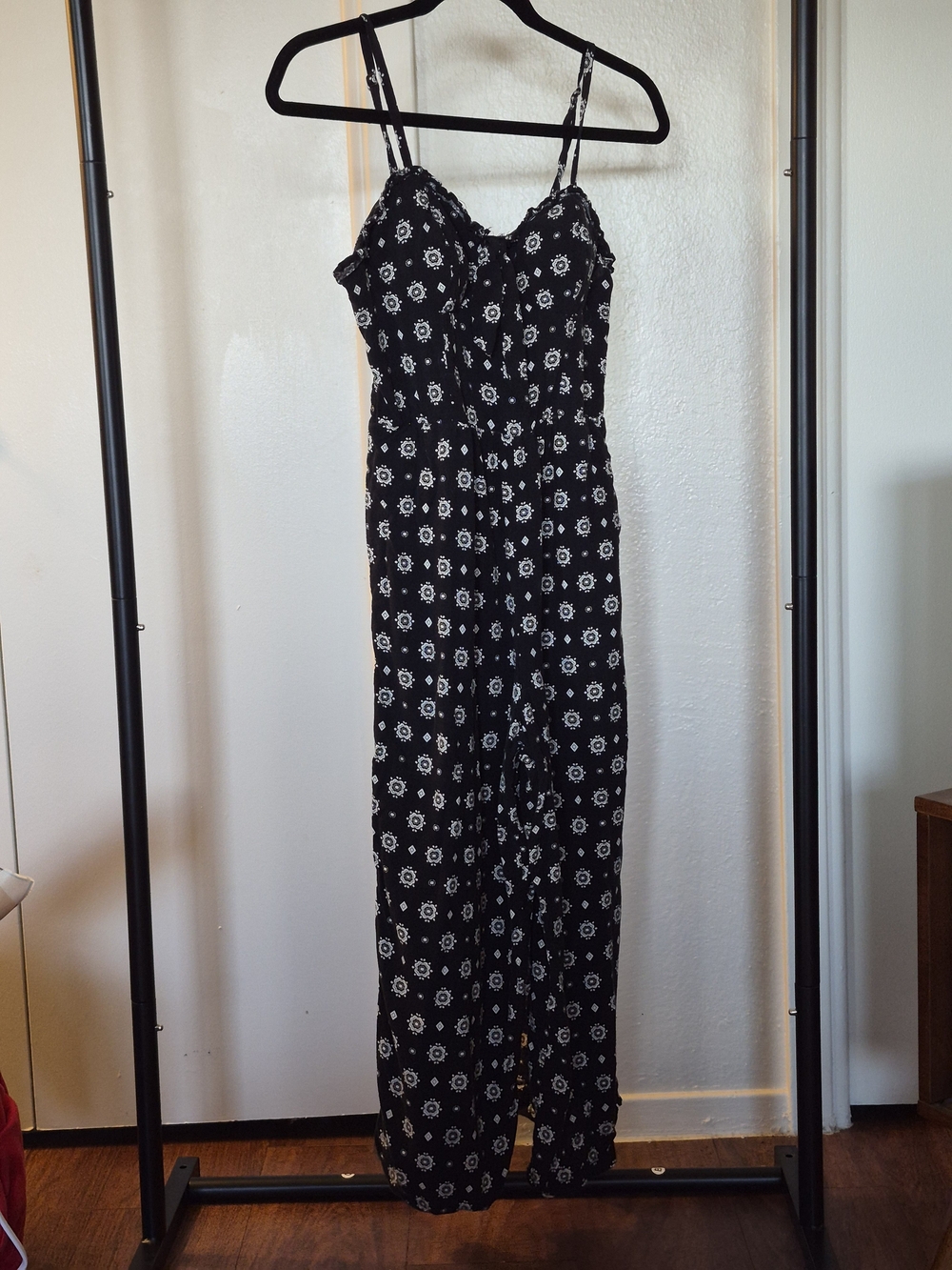 As U Wish Black Floral-Print Spaghetti-Strap Jumpsuit